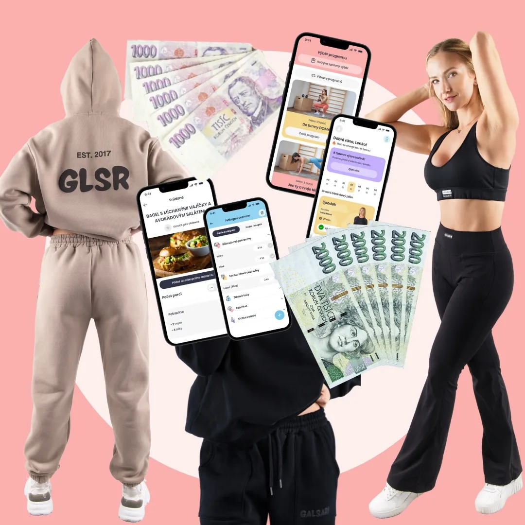 Koláž cen - mikina, hotovost, legíny, snímky aplikace